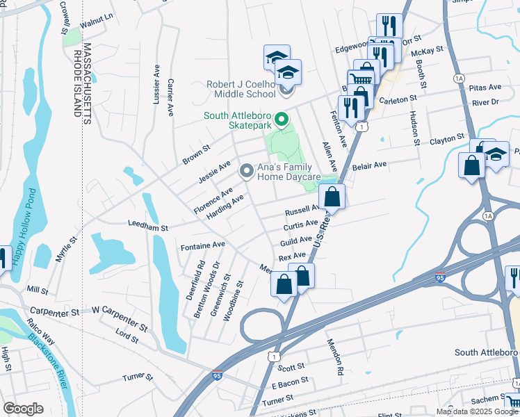 map of restaurants, bars, coffee shops, grocery stores, and more near 80 Russell Avenue in Attleboro