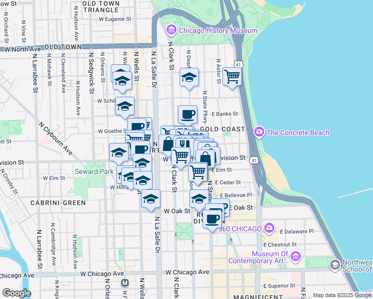 map of restaurants, bars, coffee shops, grocery stores, and more near 21 West Division Street in Chicago