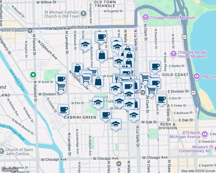 map of restaurants, bars, coffee shops, grocery stores, and more near 343 West Old Town Court in Chicago
