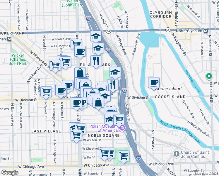map of restaurants, bars, coffee shops, grocery stores, and more near 1216 North Noble Street in Chicago