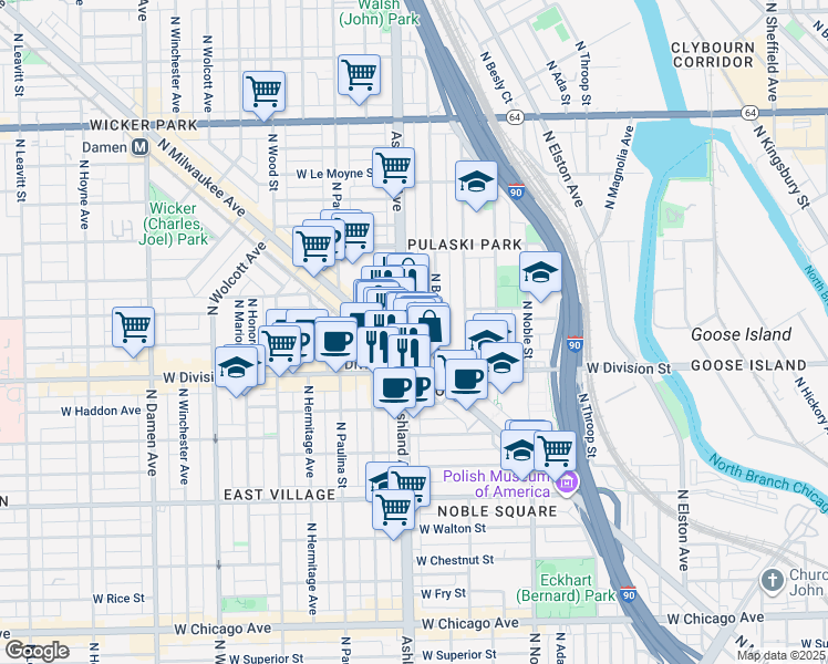 map of restaurants, bars, coffee shops, grocery stores, and more near 1209 North Milwaukee Avenue in Chicago