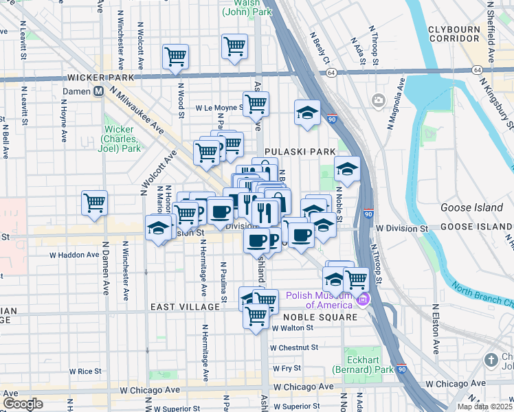 map of restaurants, bars, coffee shops, grocery stores, and more near 1209 North Milwaukee Avenue in Chicago