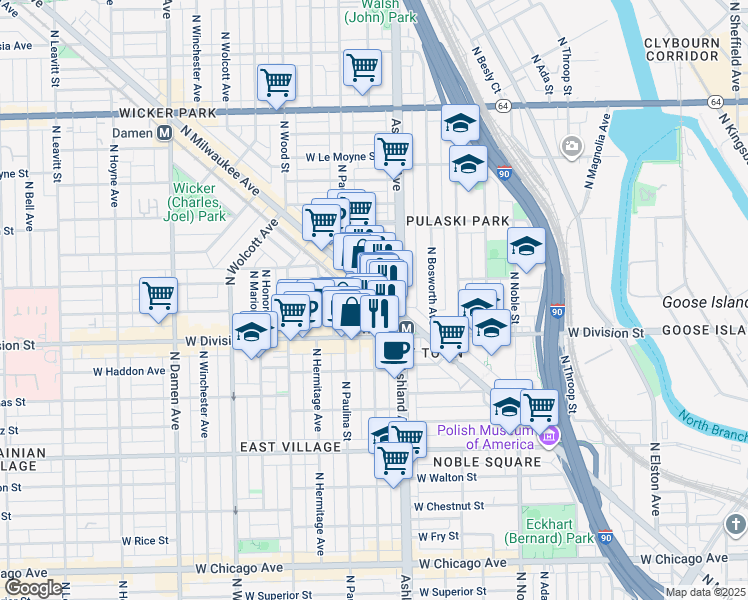map of restaurants, bars, coffee shops, grocery stores, and more near 1239 West Montana Street in Chicago