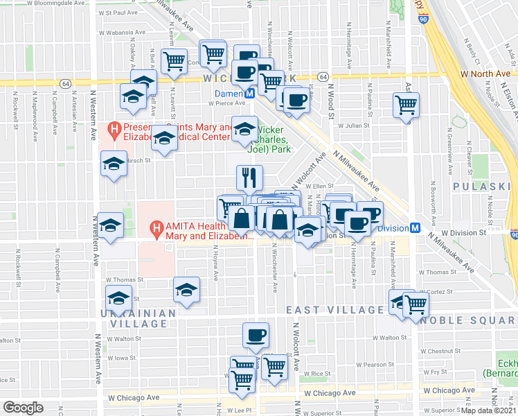 map of restaurants, bars, coffee shops, grocery stores, and more near 1943 West Crystal Street in Chicago