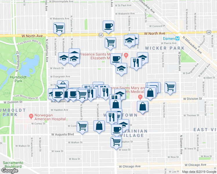 map of restaurants, bars, coffee shops, grocery stores, and more near 1228 North Artesian Avenue in Chicago