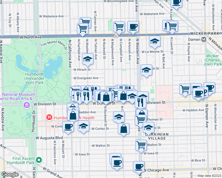 map of restaurants, bars, coffee shops, grocery stores, and more near 1231 North Rockwell Street in Chicago
