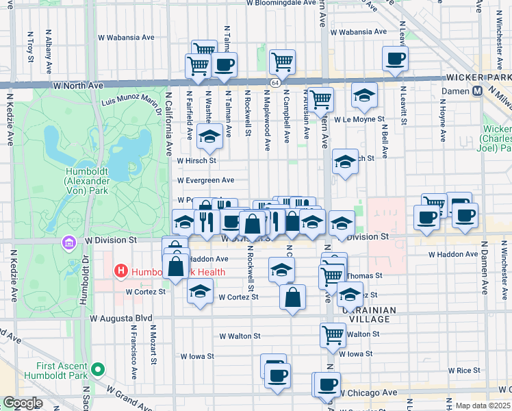 map of restaurants, bars, coffee shops, grocery stores, and more near 1231 North Rockwell Street in Chicago