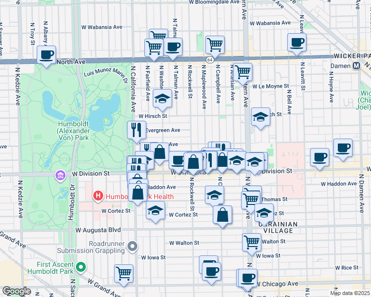 map of restaurants, bars, coffee shops, grocery stores, and more near 2622 West Crystal Street in Chicago