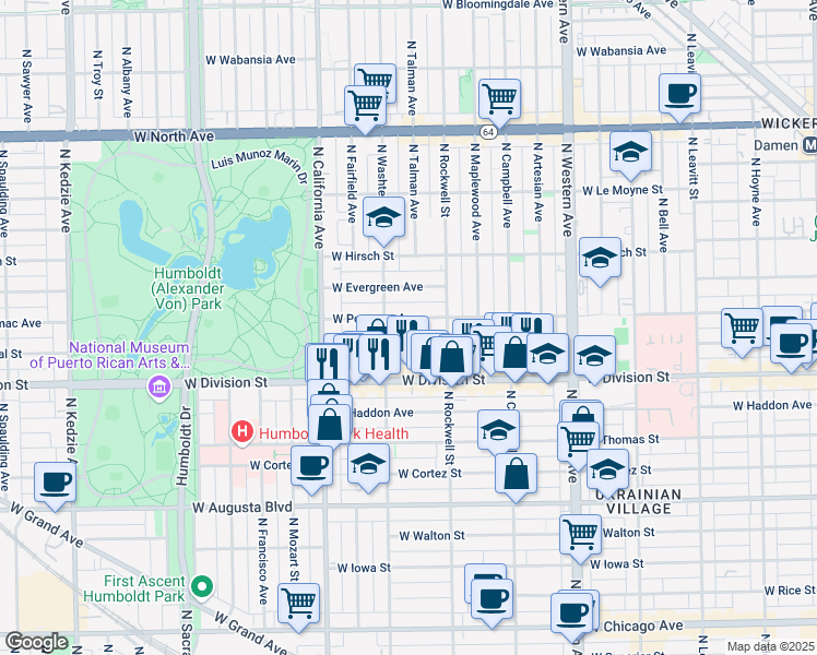 map of restaurants, bars, coffee shops, grocery stores, and more near 2622 West Crystal Street in Chicago