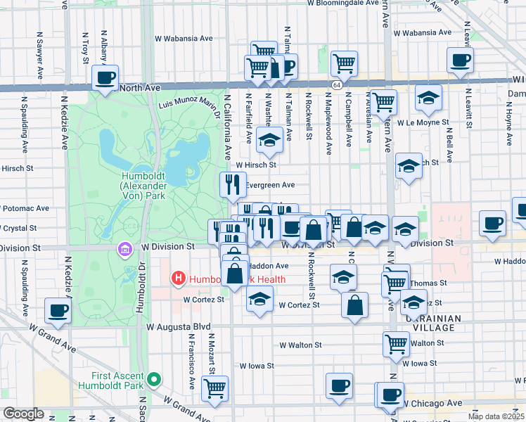 map of restaurants, bars, coffee shops, grocery stores, and more near 1236 North Washtenaw Avenue in Chicago