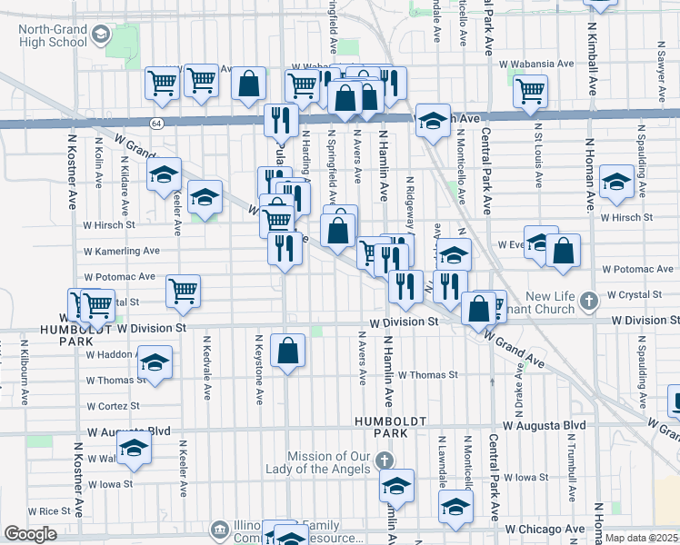 map of restaurants, bars, coffee shops, grocery stores, and more near 1240 North Avers Avenue in Chicago