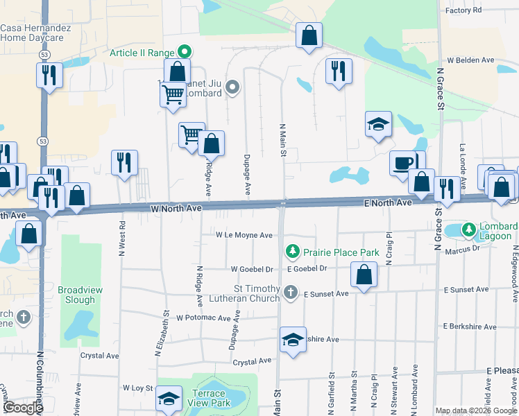 map of restaurants, bars, coffee shops, grocery stores, and more near 710 North Main Street in Lombard
