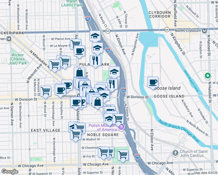 map of restaurants, bars, coffee shops, grocery stores, and more near in Chicago