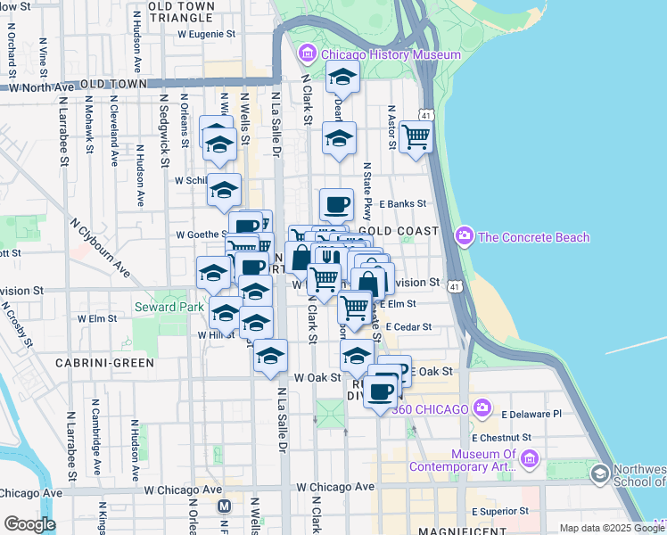 map of restaurants, bars, coffee shops, grocery stores, and more near 36-66 West Division Street in Chicago