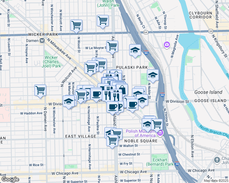 map of restaurants, bars, coffee shops, grocery stores, and more near 1209 North Milwaukee Avenue in Chicago