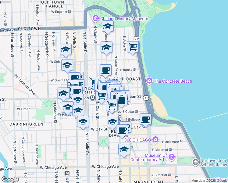 map of restaurants, bars, coffee shops, grocery stores, and more near 1201 North State Parkway in Chicago