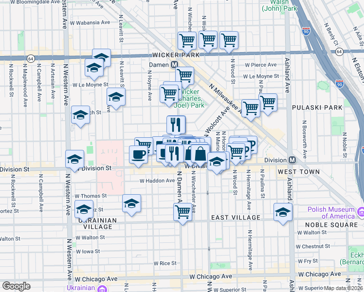 map of restaurants, bars, coffee shops, grocery stores, and more near 1243 North Damen Avenue in Chicago