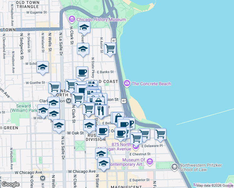 map of restaurants, bars, coffee shops, grocery stores, and more near 1212 North Lake Shore Drive in Chicago
