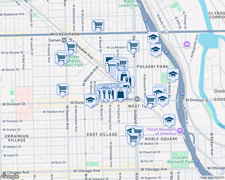 map of restaurants, bars, coffee shops, grocery stores, and more near 1236 North Paulina Street in Chicago