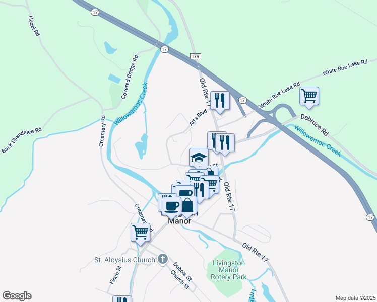 map of restaurants, bars, coffee shops, grocery stores, and more near 39 Valley View Lane in Livingston Manor