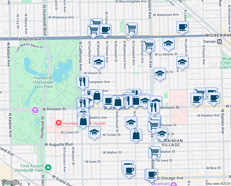 map of restaurants, bars, coffee shops, grocery stores, and more near 2601 West Potomac Avenue in Chicago