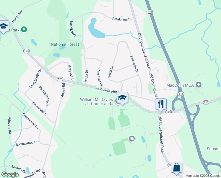 map of restaurants, bars, coffee shops, grocery stores, and more near 81 Jenckes Hill Road in Lincoln