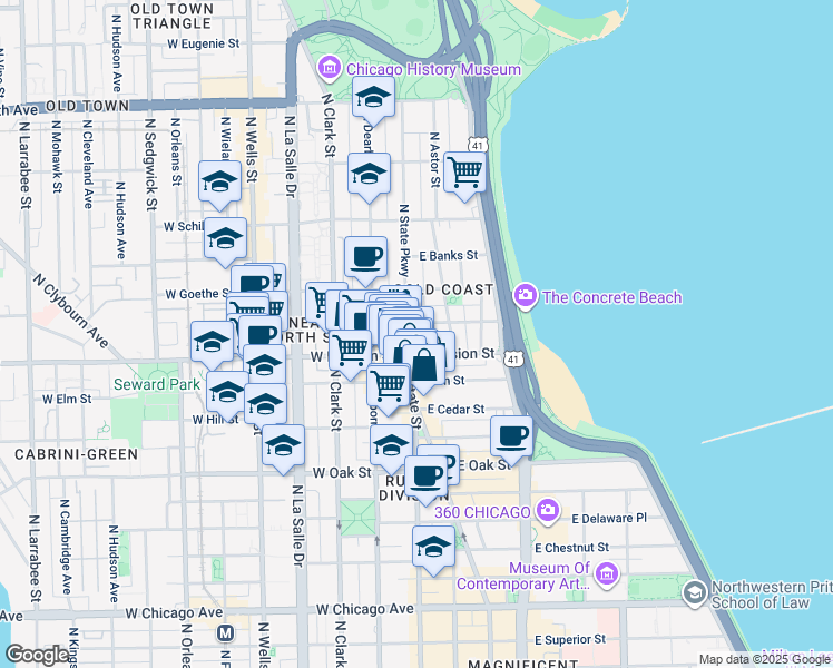 map of restaurants, bars, coffee shops, grocery stores, and more near 1 East Scott Street in Chicago