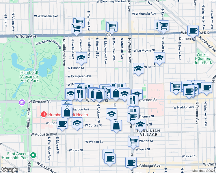 map of restaurants, bars, coffee shops, grocery stores, and more near 1251 North Maplewood Avenue in Chicago