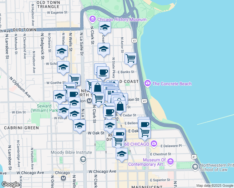 map of restaurants, bars, coffee shops, grocery stores, and more near 1 East Scott Street in Chicago