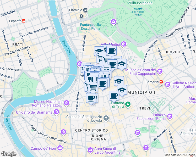 map of restaurants, bars, coffee shops, grocery stores, and more near 420 Largo Carlo Goldoni in Roma