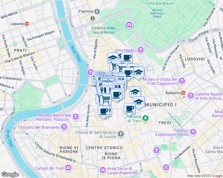 map of restaurants, bars, coffee shops, grocery stores, and more near 420 Largo Carlo Goldoni in Roma