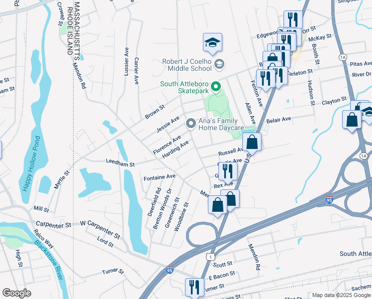 map of restaurants, bars, coffee shops, grocery stores, and more near 48 Morris Avenue in Attleboro