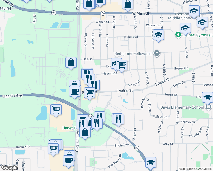 map of restaurants, bars, coffee shops, grocery stores, and more near 1820 Wessel Court in Sint Charles