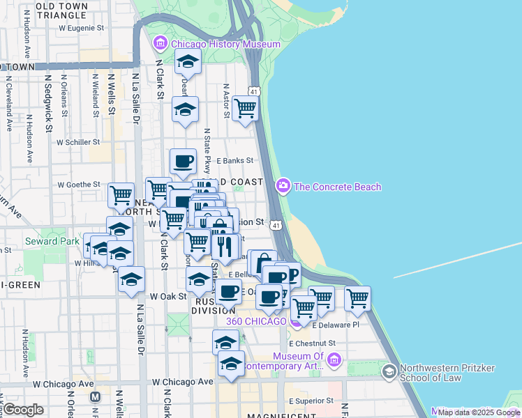 map of restaurants, bars, coffee shops, grocery stores, and more near 1212 North Lake Shore Drive in Chicago