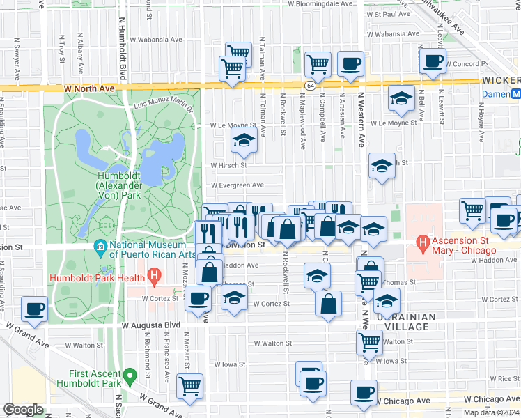 map of restaurants, bars, coffee shops, grocery stores, and more near 2637 West Potomac Avenue in Chicago