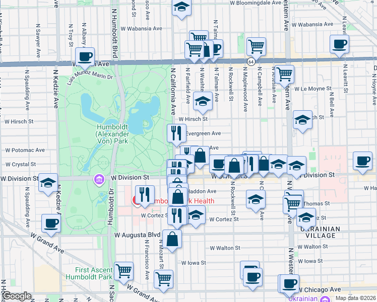 map of restaurants, bars, coffee shops, grocery stores, and more near 2729 West Potomac Avenue in Chicago