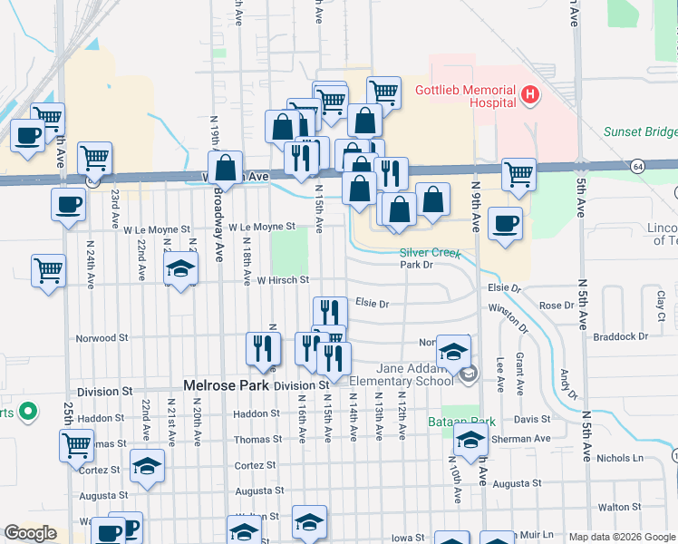 map of restaurants, bars, coffee shops, grocery stores, and more near 1639 North 15th Avenue in Melrose Park