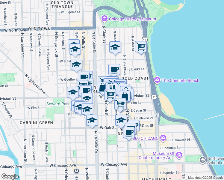 map of restaurants, bars, coffee shops, grocery stores, and more near 36-66 West Division Street in Chicago
