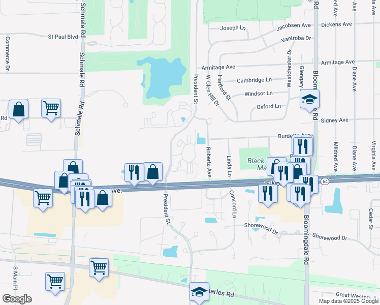 map of restaurants, bars, coffee shops, grocery stores, and more near 1238 Fordham Drive in Glendale Heights
