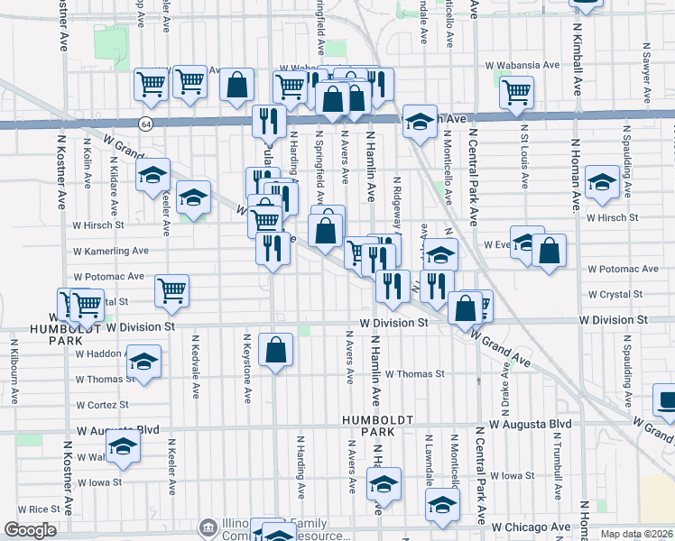 map of restaurants, bars, coffee shops, grocery stores, and more near 1240 North Avers Avenue in Chicago