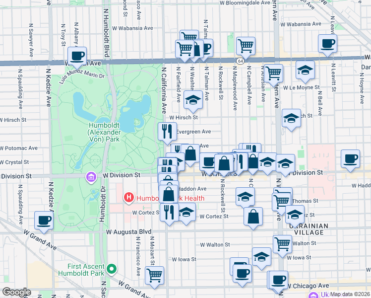 map of restaurants, bars, coffee shops, grocery stores, and more near 1236 North Washtenaw Avenue in Chicago