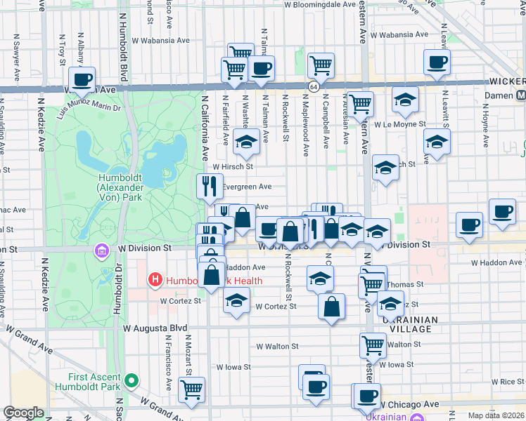 map of restaurants, bars, coffee shops, grocery stores, and more near 2637 West Potomac Avenue in Chicago