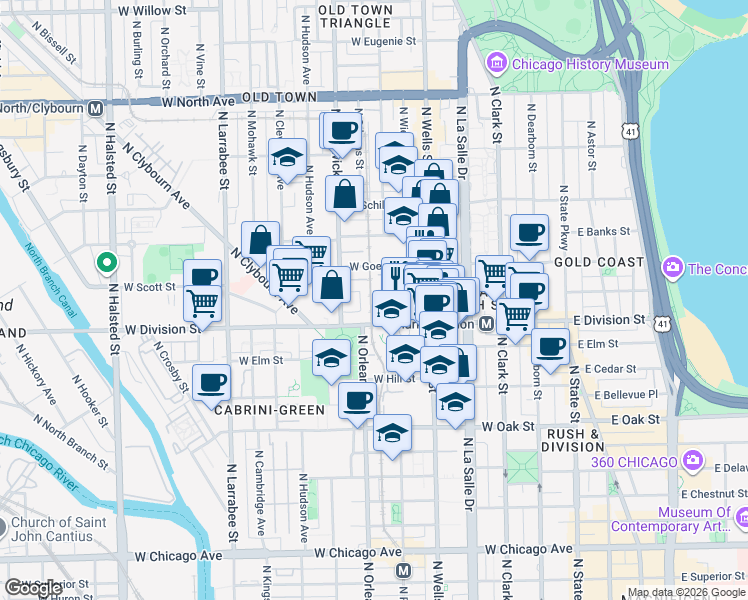 map of restaurants, bars, coffee shops, grocery stores, and more near 343 West Old Town Court in Chicago