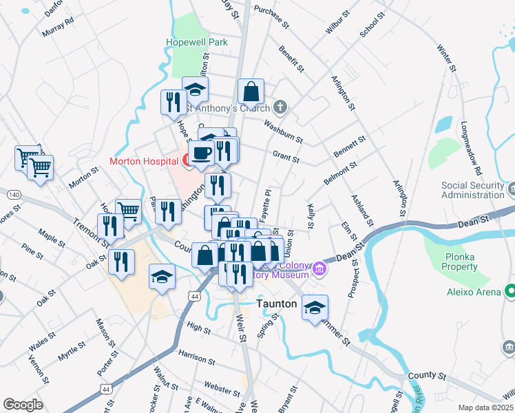 map of restaurants, bars, coffee shops, grocery stores, and more near 2 Fayette Place in Taunton