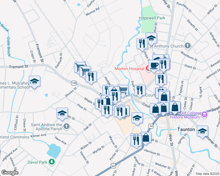 map of restaurants, bars, coffee shops, grocery stores, and more near 14 Granite Street in Taunton