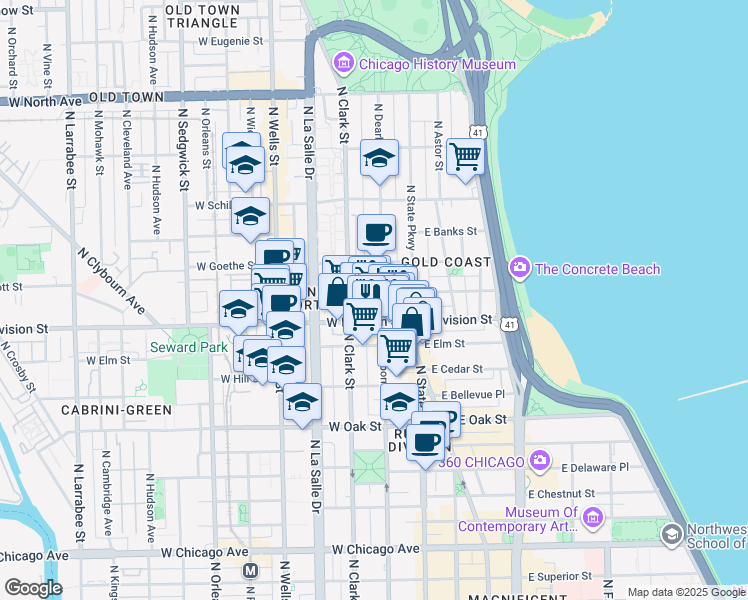 map of restaurants, bars, coffee shops, grocery stores, and more near 21 West Division Street in Chicago