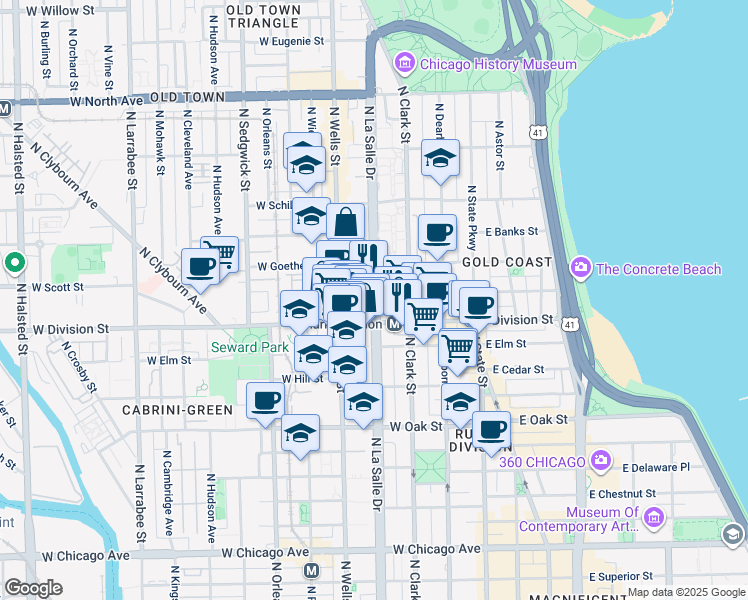 map of restaurants, bars, coffee shops, grocery stores, and more near in Chicago