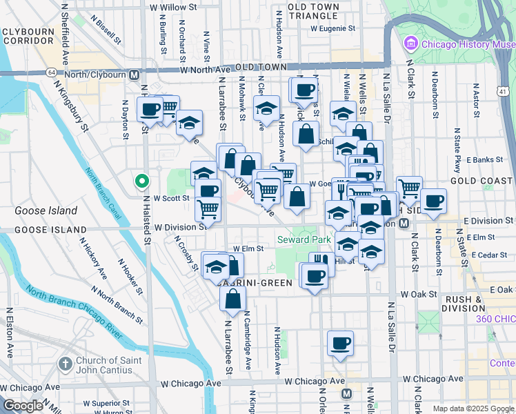map of restaurants, bars, coffee shops, grocery stores, and more near 428 West Division Street in Chicago