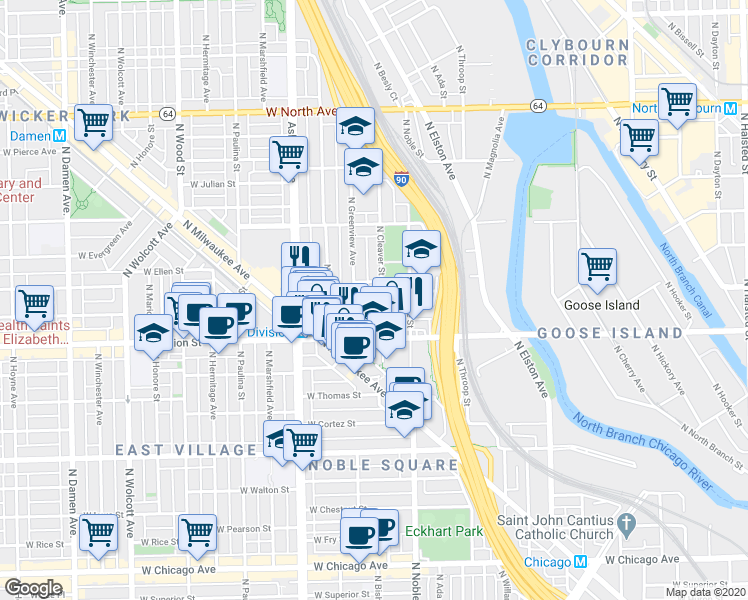 map of restaurants, bars, coffee shops, grocery stores, and more near 1217 North Greenview Avenue in Chicago