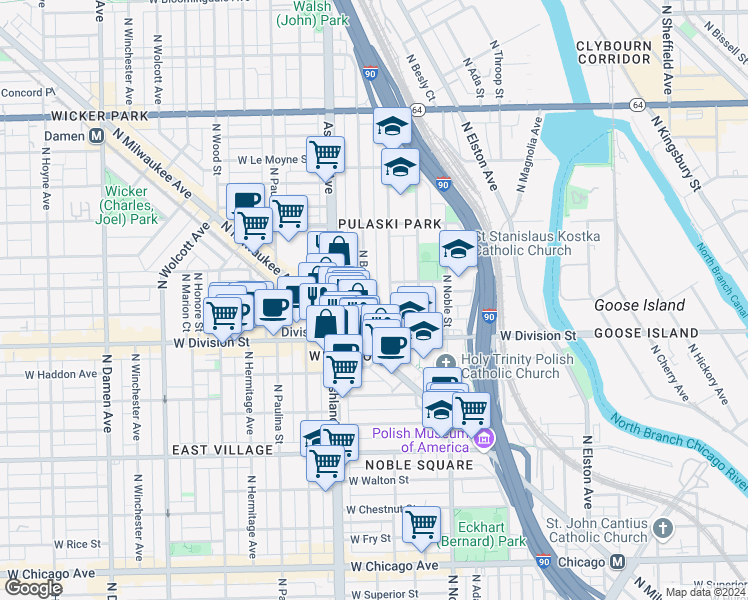 map of restaurants, bars, coffee shops, grocery stores, and more near 1219 North Bosworth Avenue in Chicago